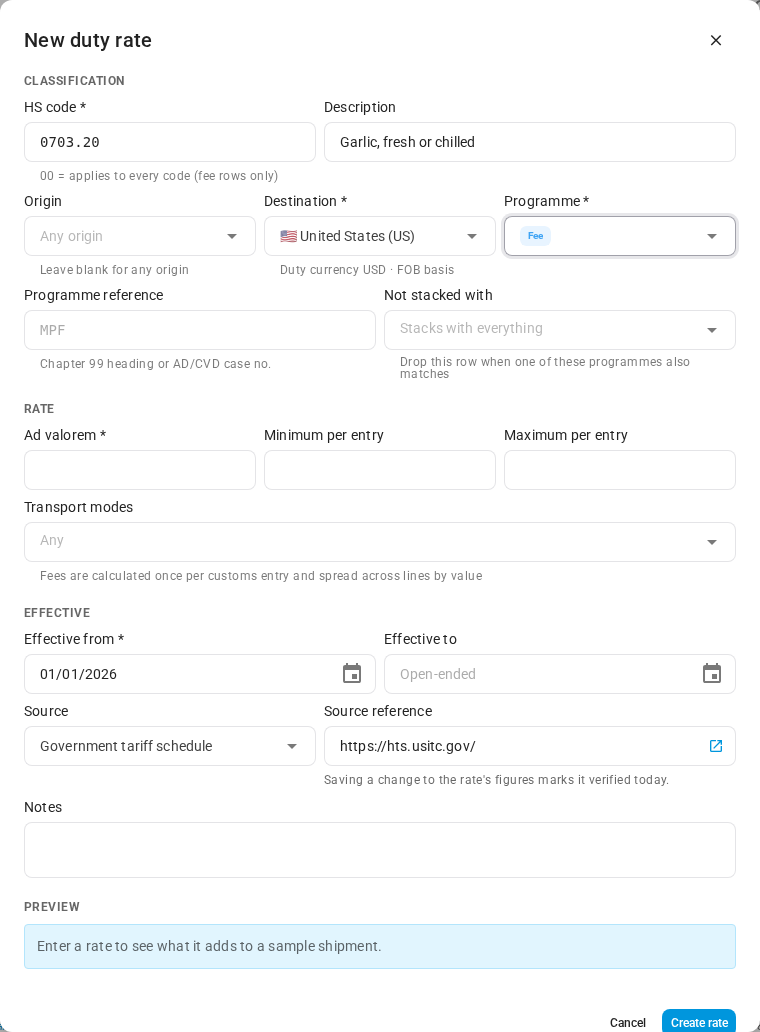 A fee row has Minimum per entry, Maximum per entry, and Transport modes fields