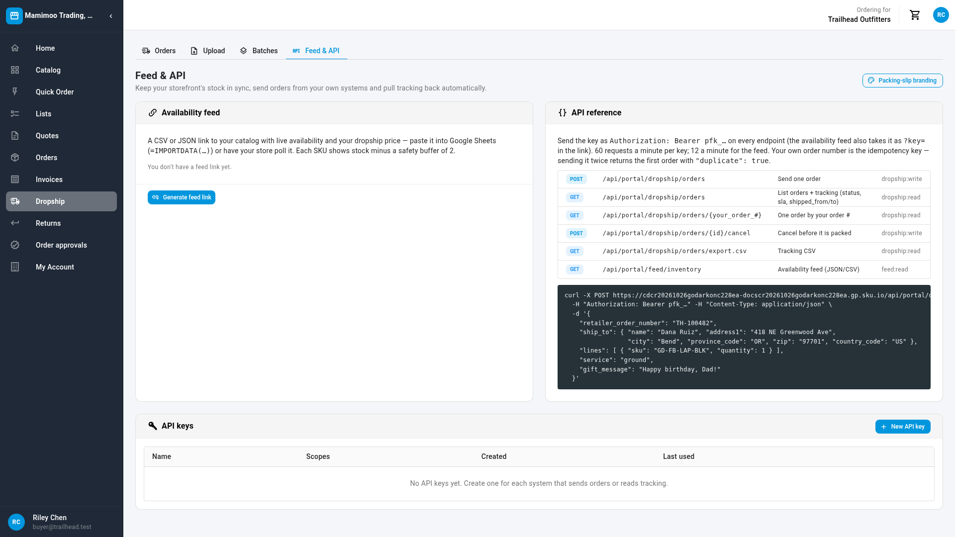 The Feed & API page, with the Availability feed and API reference cards