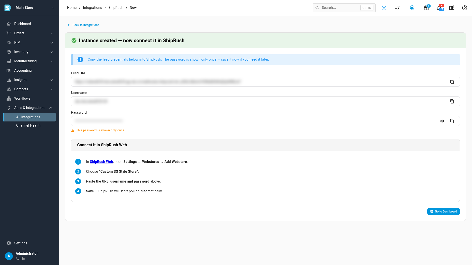 The feed credentials screen with the Feed URL, Username and Password, and the steps to finish in ShipRush Web