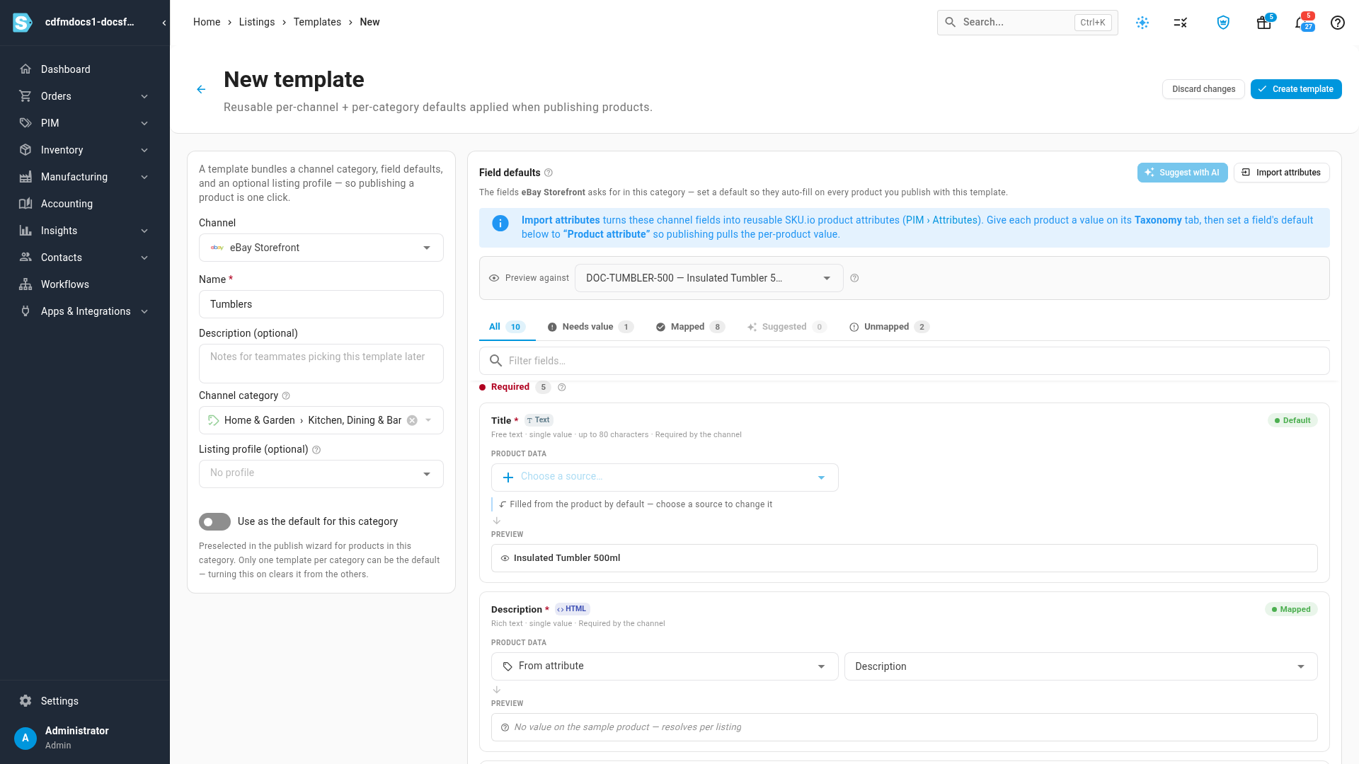 Field defaults after accepting the suggestions: Title shows Default and previews the product name, and Description is mapped to an attribute