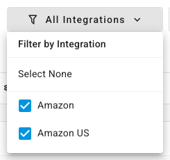 The Filter by Integration menu in the top bar, with Amazon and Amazon US both selected