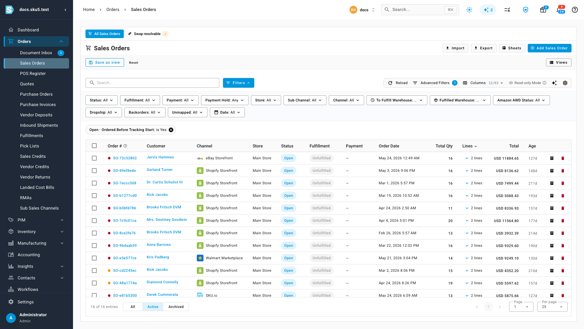 Sales Orders filtered to open orders placed before the tracking start date
