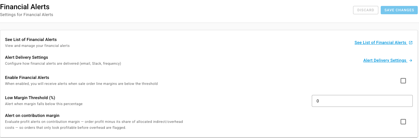 The Financial Alerts settings