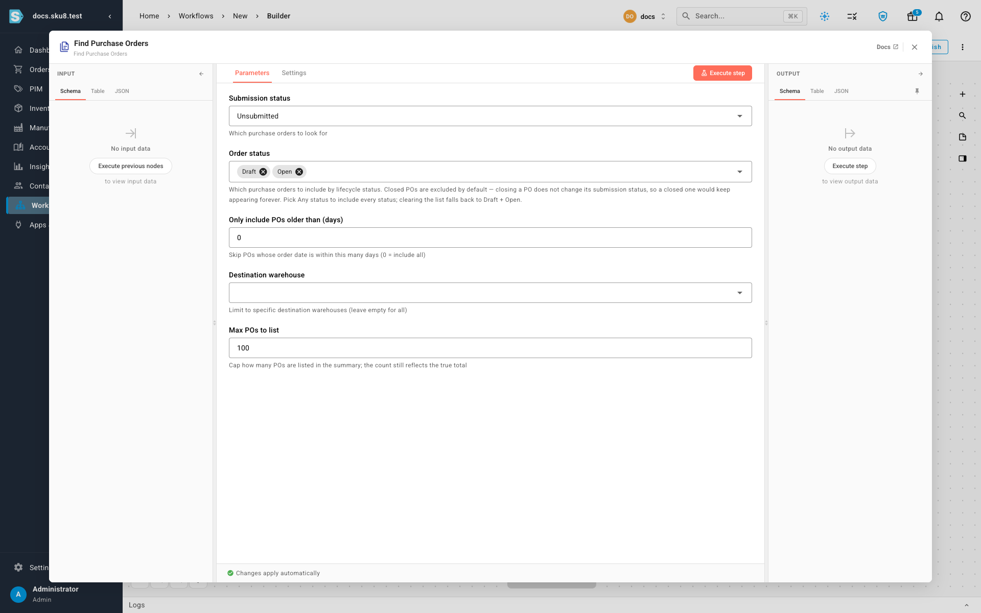 The Find Purchase Orders node's settings, with Submission status set to Unsubmitted and Order status set to Draft and Open
