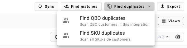 The Find duplicates menu on the QuickBooks Customers tab, with Find QBO duplicates and Find SKU duplicates