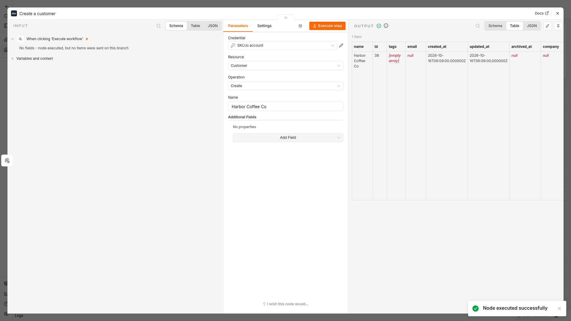 A Create a customer step in n8n with the new customer in its output