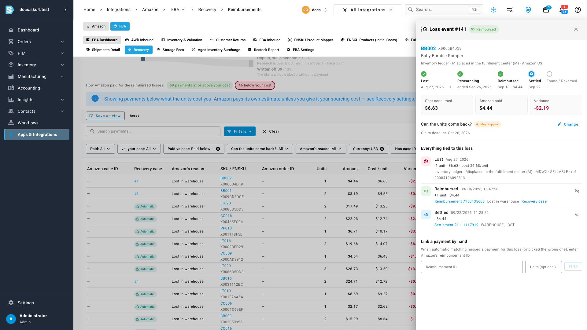 Link a payment by hand at the bottom of the loss panel