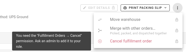The fulfillment order's menu for the Warehouse staff role: Move warehouse, Merge with other orders and Cancel fulfillment order are locked, and the tooltip on Cancel says you need the Fulfillment Orders → Cancel permission