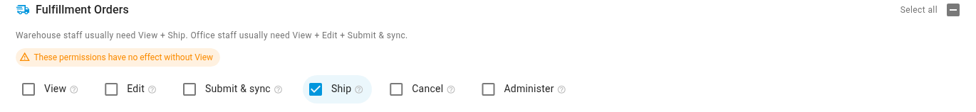 Ship ticked on its own, with the warning that these permissions have no effect without View
