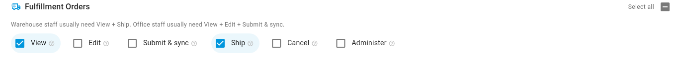 View and Ship ticked in the Fulfillment Orders group