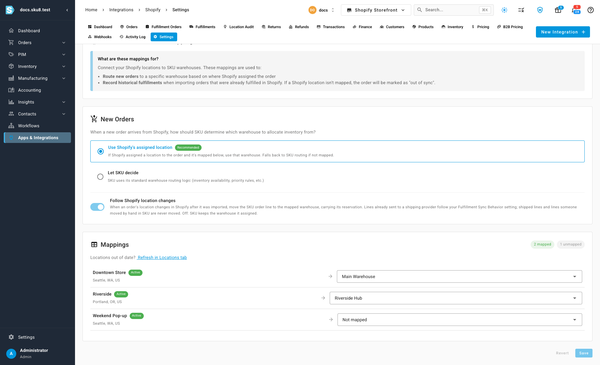 The Follow Shopify location changes switch on the Warehouse Mappings tab