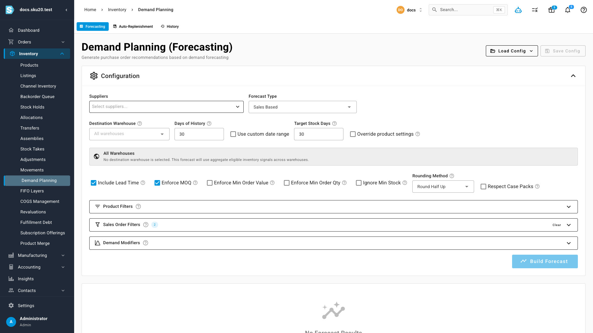 The Inventory Forecasting Tool configuration: supplier selector, Forecast Type, Days of History and Target Stock Days, and the lead-time / MOQ / rounding options above Build Forecast