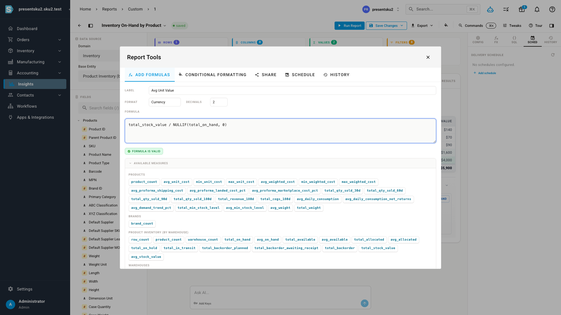 The formula editor with a valid calculated column and the catalog of available measures