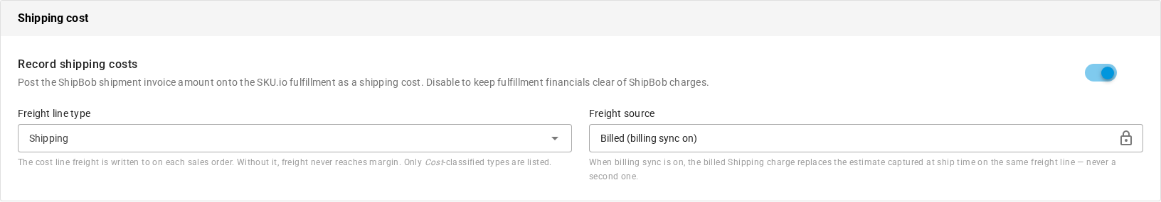 The Shipping cost card with Record shipping costs on, Freight line type set to Shipping, and Freight source showing Billed (billing sync on)