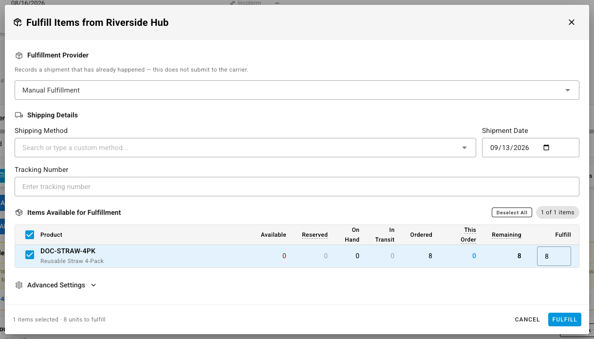 The Fulfill Items dialog with the backordered line pre-selected and its full remaining quantity in the Fulfill box