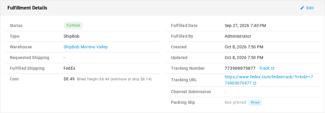 The Fulfillment Details card for SO-SB-1003.2, with a Cost of $8.49 and the note Billed freight $8.49 (estimate at ship $8.14)