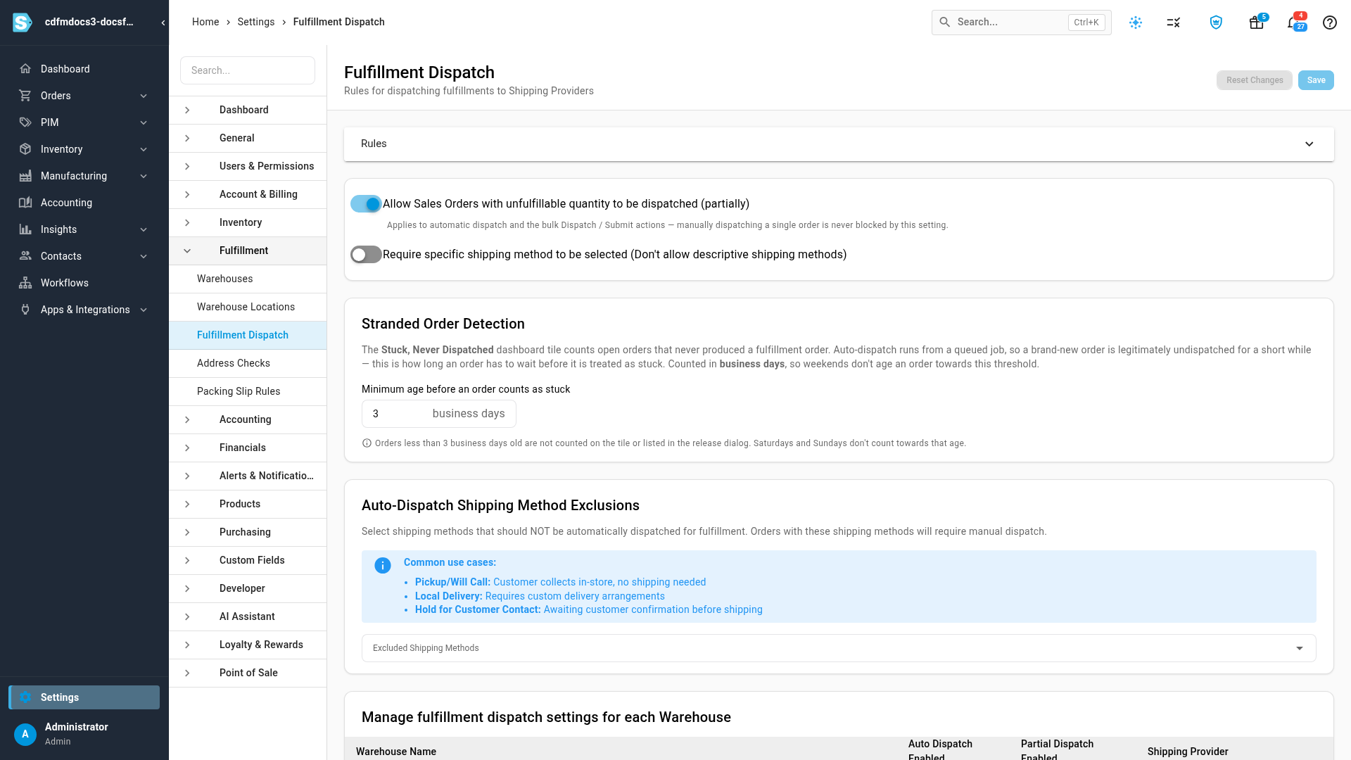 The Fulfillment Dispatch settings page
