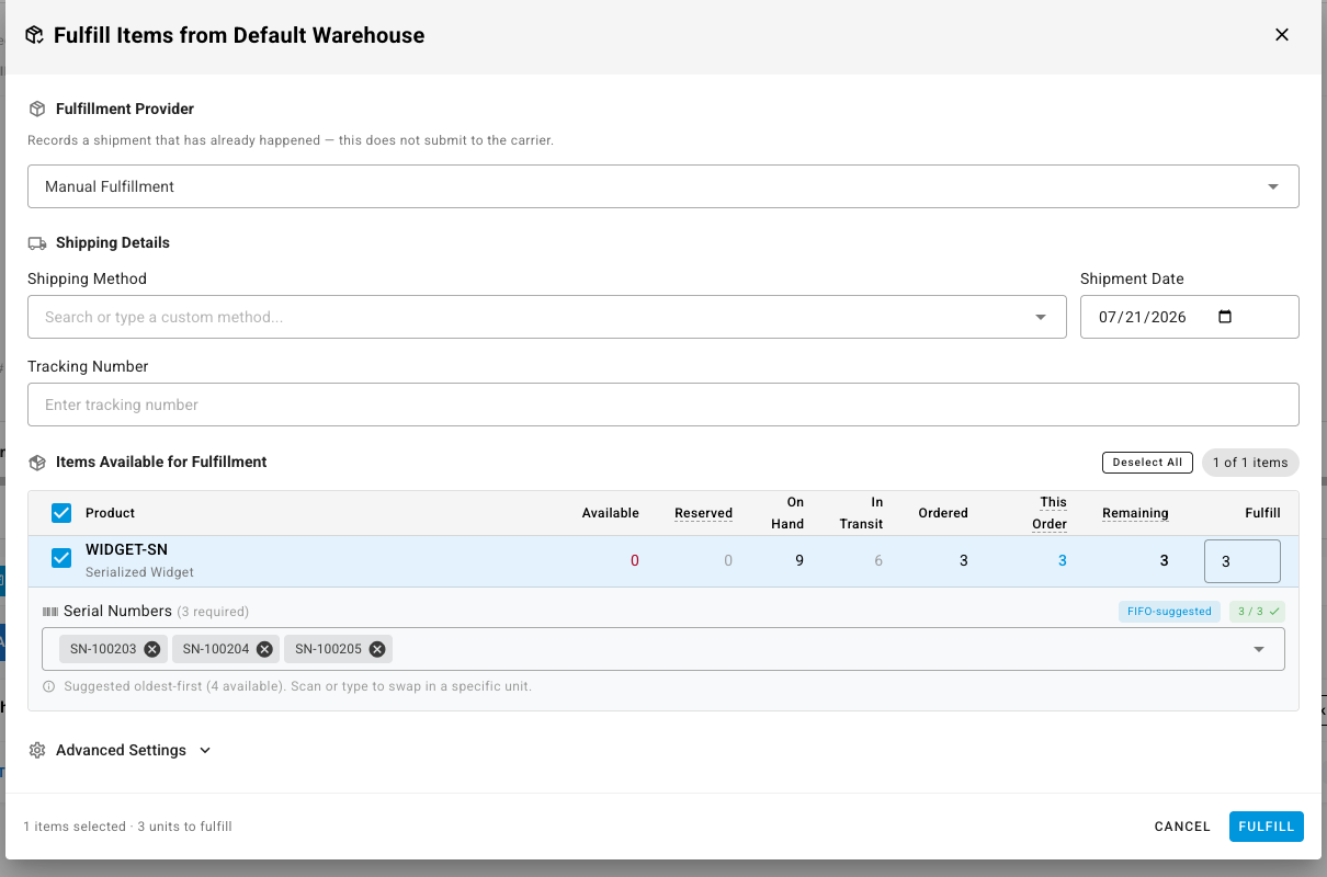 The Fulfill Items dialog for a serialized product, with three FIFO-suggested serials confirmed and a 3-of-3 validity check