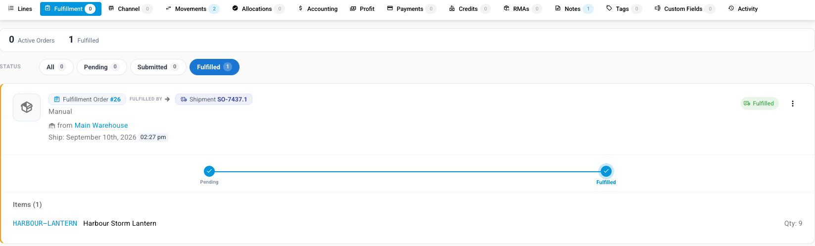A fulfilled shipment card on the order's Fulfillment tab, with its menu button at the right