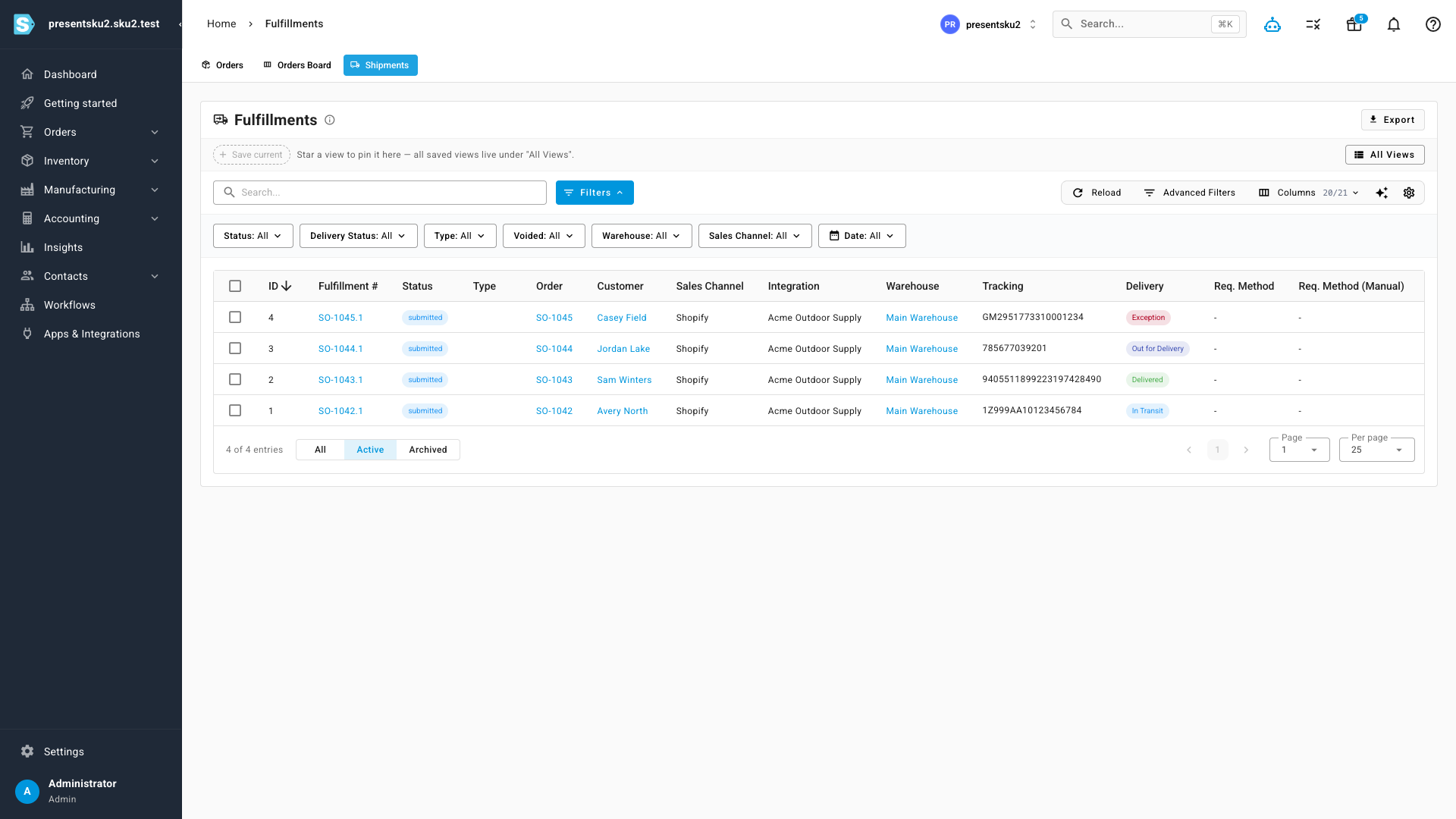 The fulfillments list with a Delivery column showing In Transit, Delivered, Out for Delivery, and Exception chips