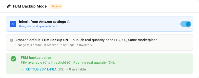 FBM Backup Mode card showing the active state publishing the real quantity