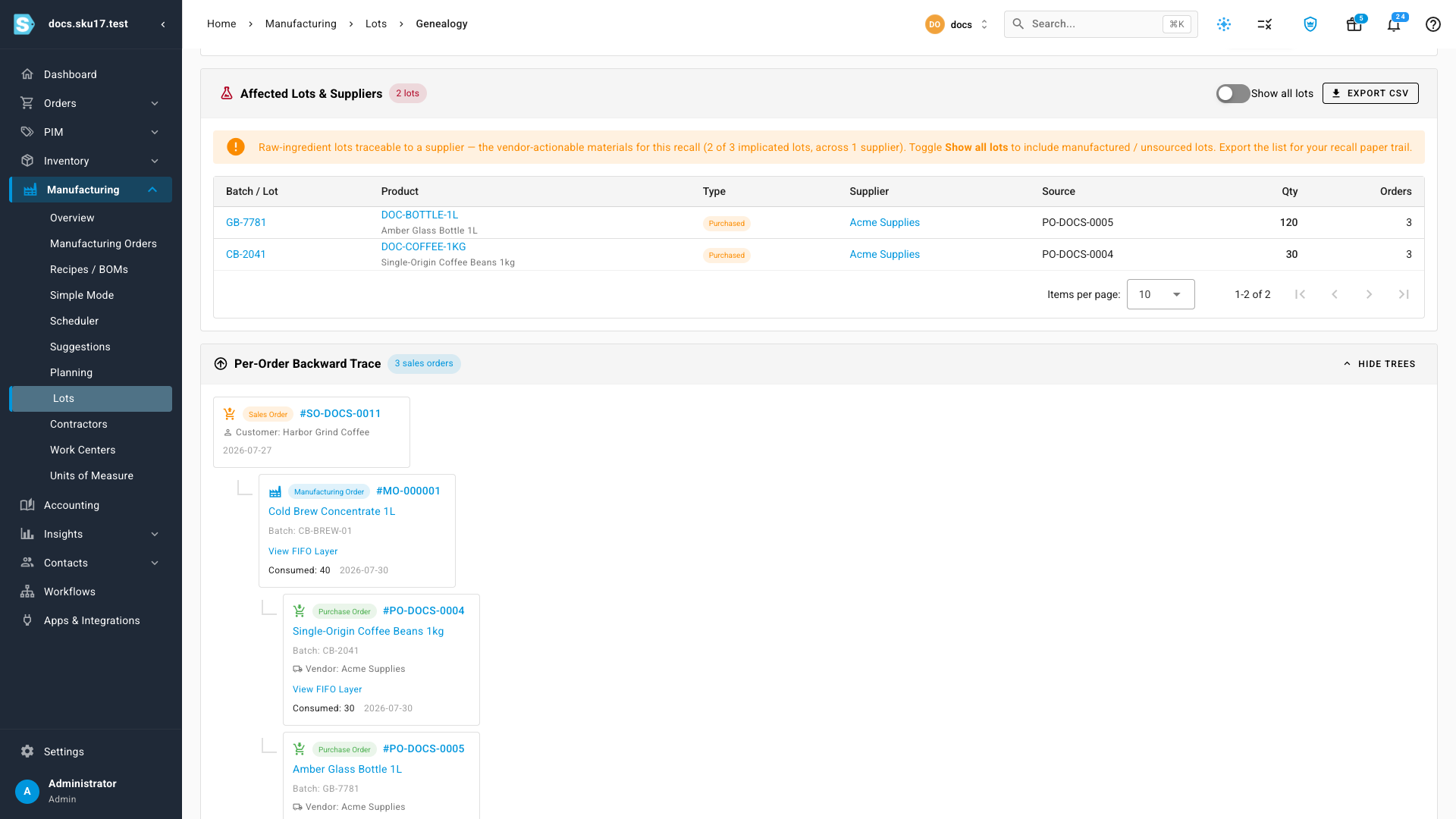 Genealogy in sales-order mode — Affected Lots & Suppliers, and the per-order backward trace trees