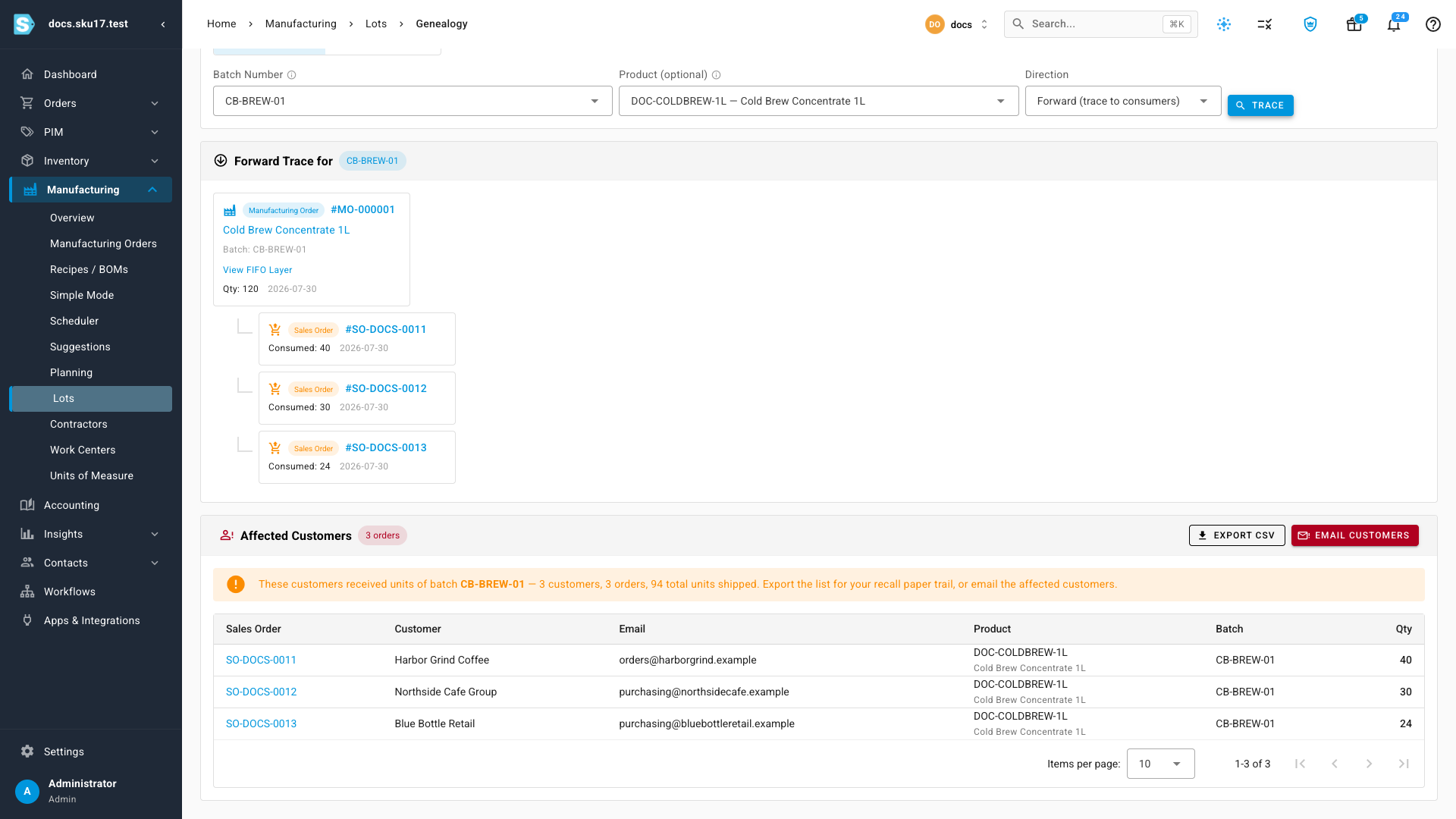 The Genealogy page in Forward direction — the three sales orders and the Affected Customers card