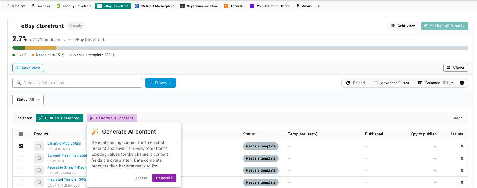 The Generate AI content confirmation for one selected product on eBay Storefront