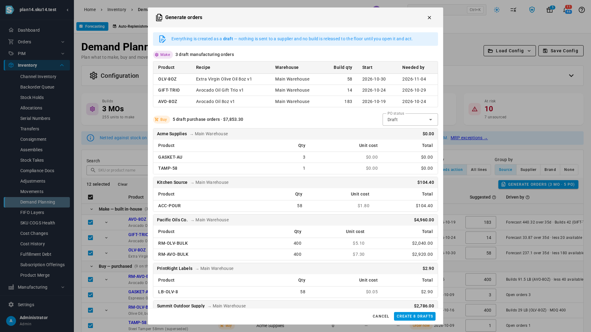 The Generate orders preview listing 3 draft manufacturing orders and 5 draft purchase orders totalling $7,853.30, grouped by supplier