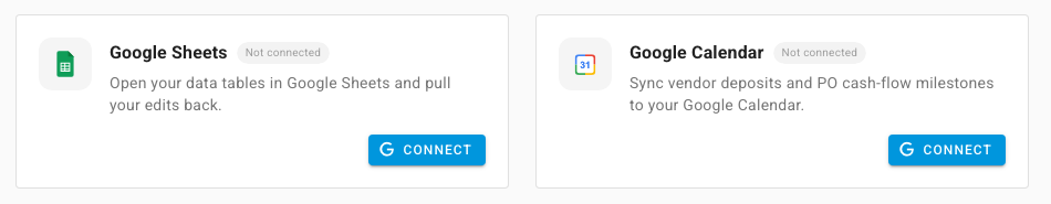The Google integration page with a Google Sheets card and a Google Calendar card, each with a Connect button