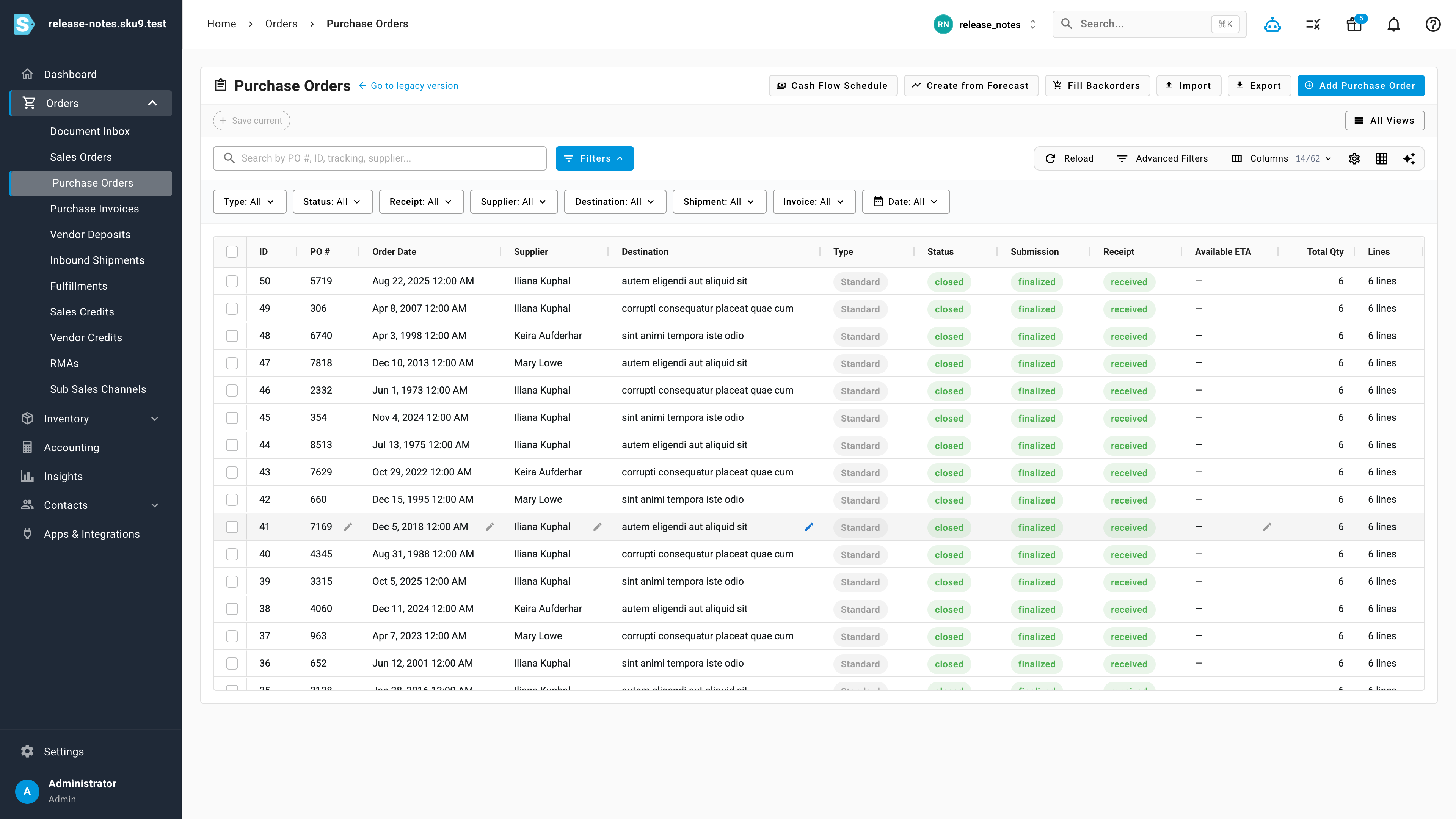 Purchase Orders shown in the new grid view