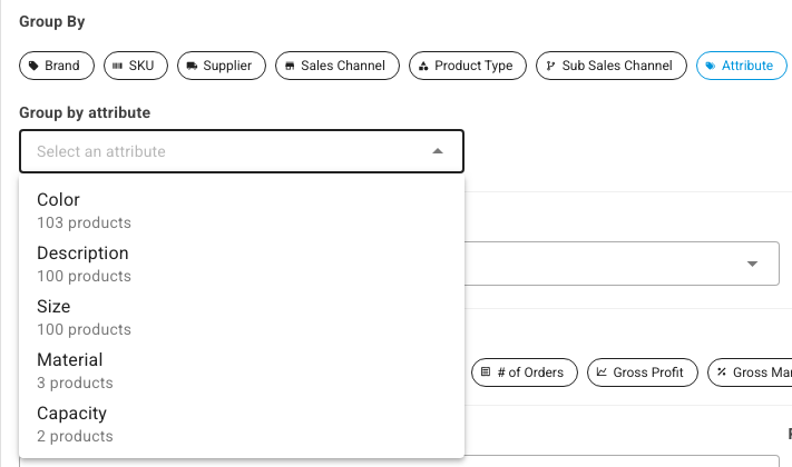 The Group by attribute list showing Color, Description, Size, Material, and Capacity with a product count for each