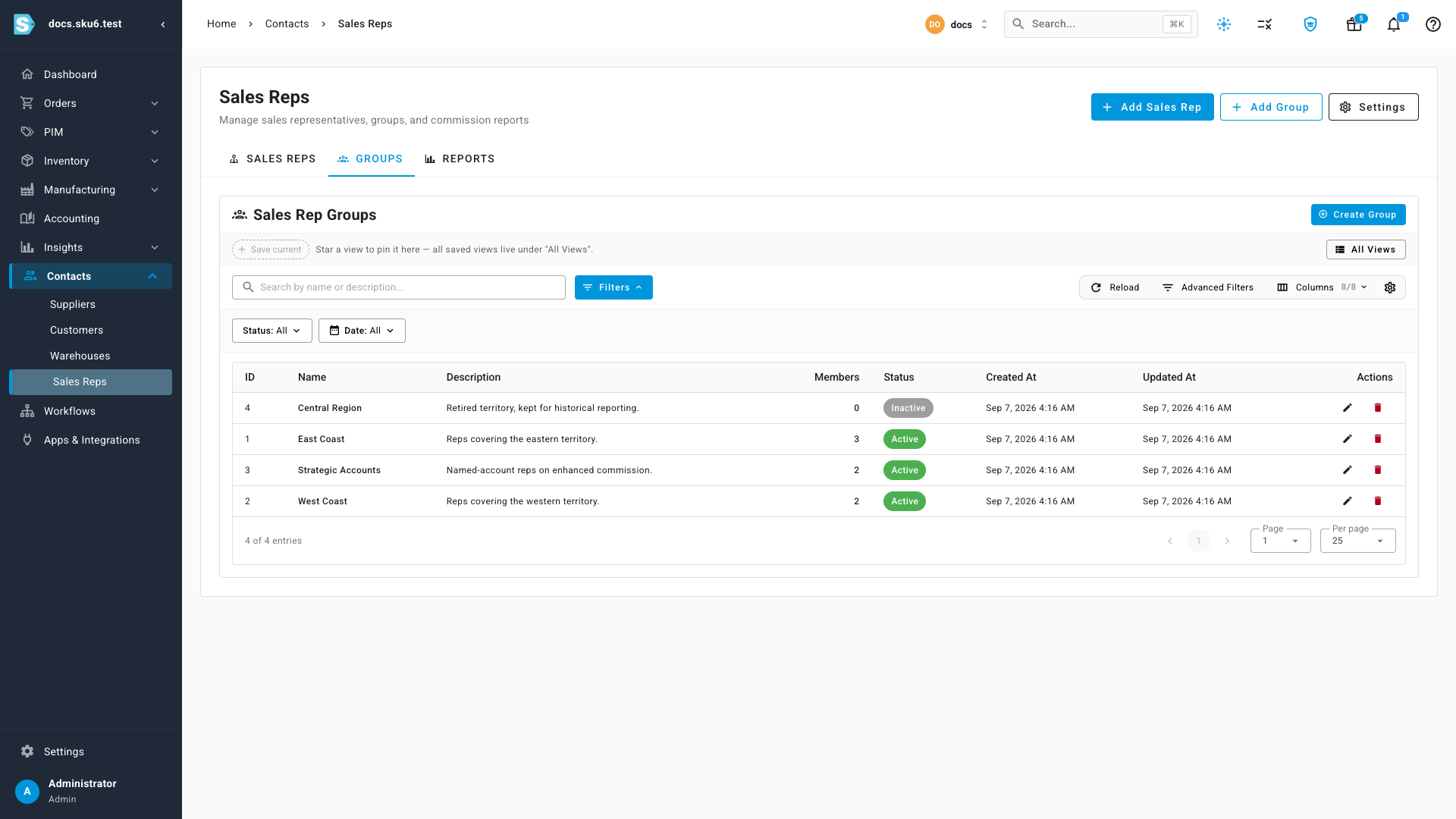 The Groups tab listing four sales rep groups with their descriptions, member counts and status