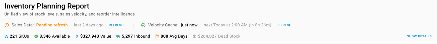 The top of the Inventory Planning report: the sales data and velocity cache status with Refresh links, and summary figures for 221 SKUs, available units, stock value, inbound units, average days of stock, and dead stock