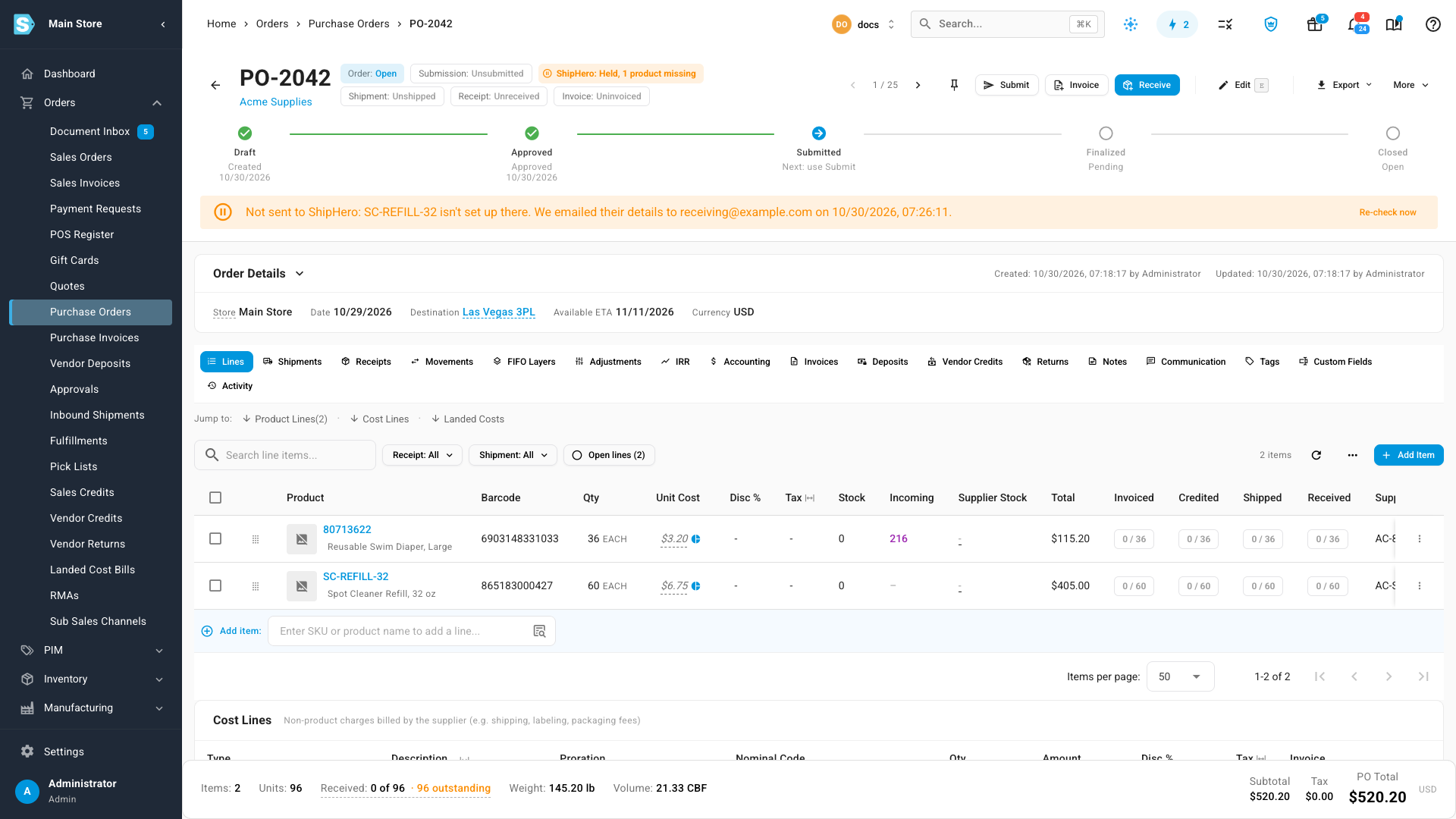 The held banner naming the product that isn't set up in ShipHero