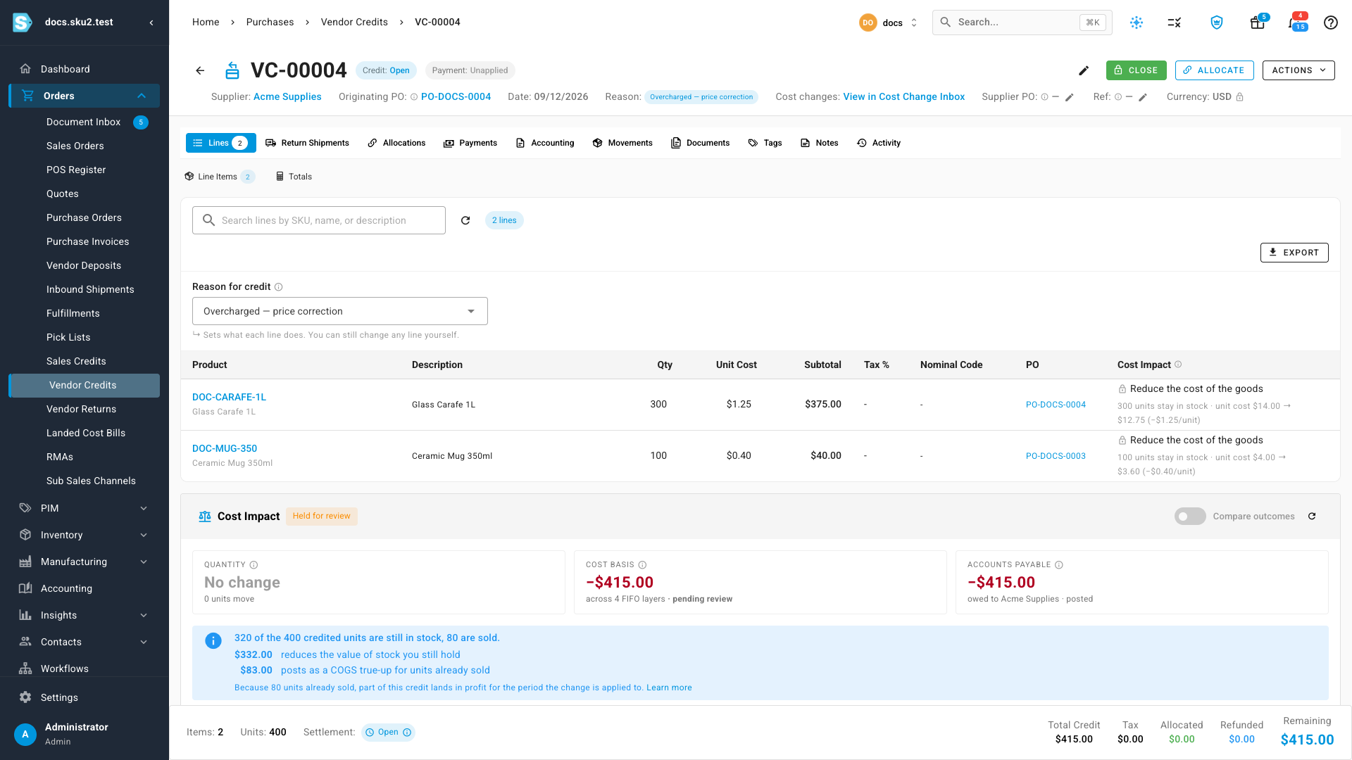 The Cost Impact panel showing Held for review