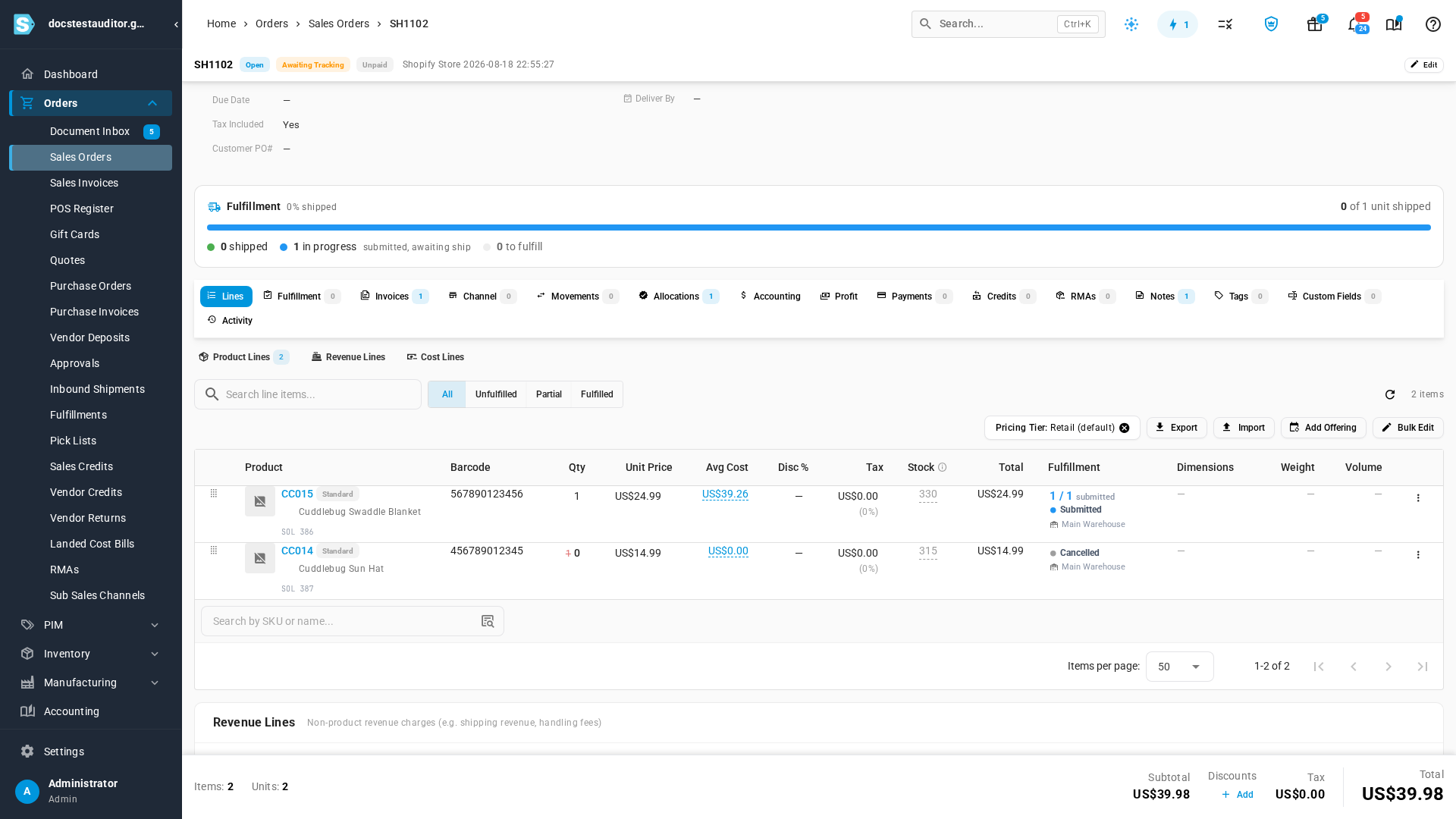 A cancelled Shopify order with one line held for the warehouse
