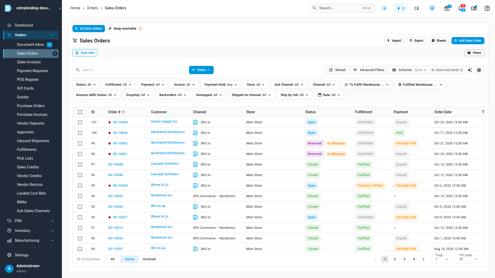 The Sales Orders list with Billing Hold chips