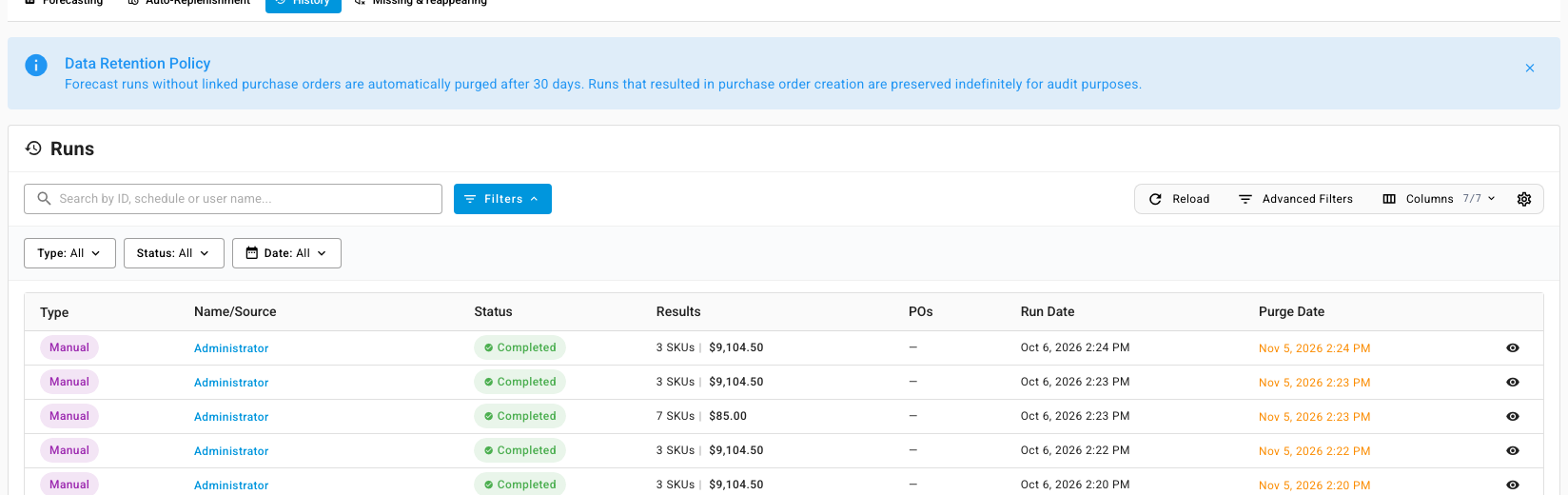 The History tab listing forecast runs with their type, who ran them, status, result counts and value, linked purchase orders, run date, and purge date