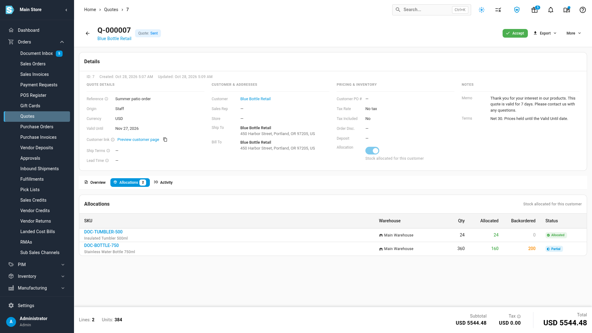 The Allocations tab with one line fully Allocated and one line Partial, showing its allocated and backordered units