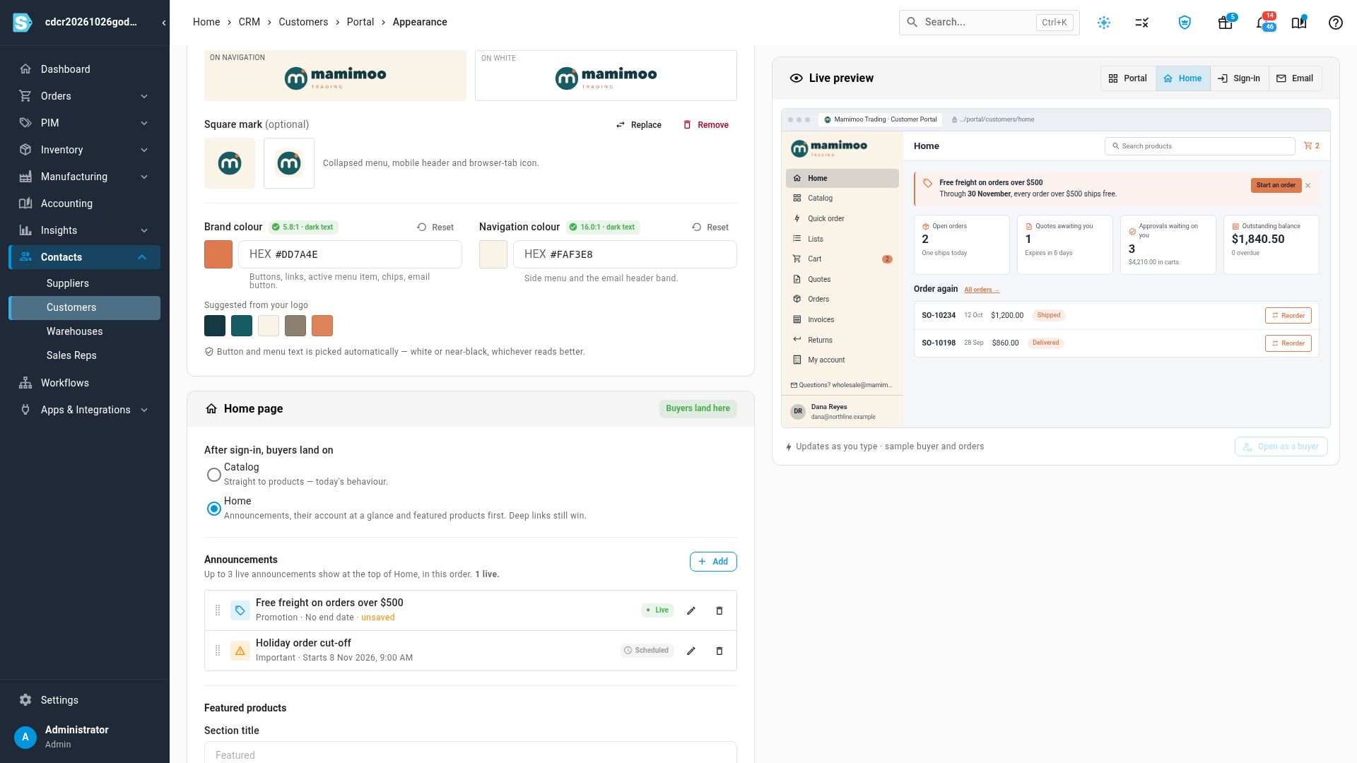 The Home page section of the Appearance tab, with the landing-page choice and a list of announcements marked Live and Scheduled, next to a live preview of the buyer's Home page