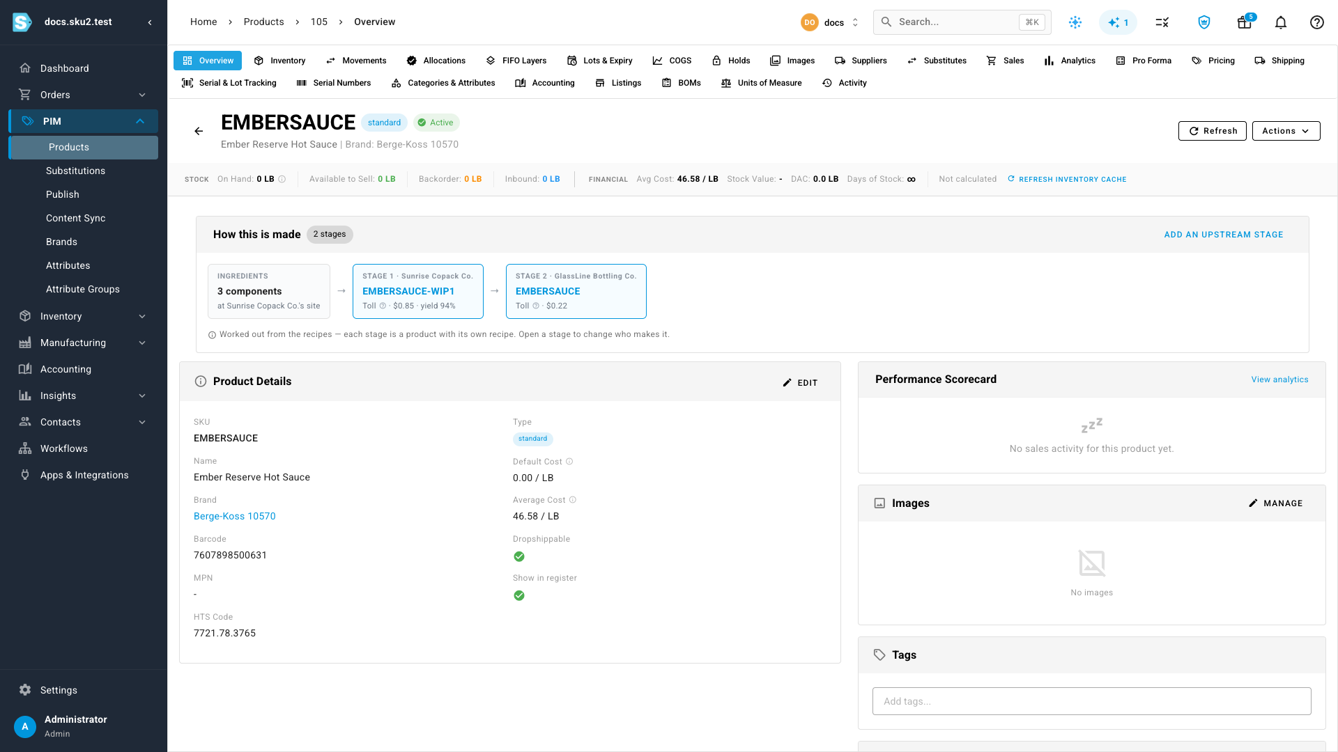 The finished product stating its two stages, each with its vendor, charging basis, rate and yield