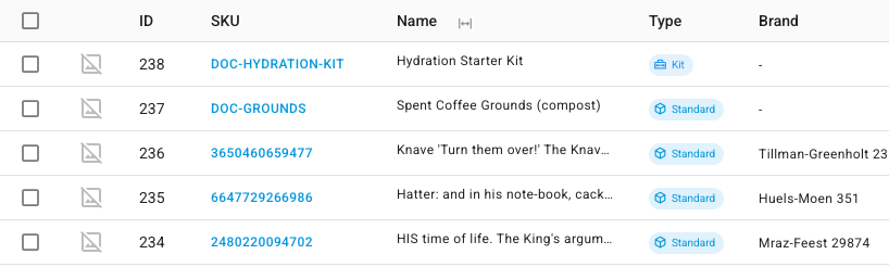 The products list with internal IDs on, showing an ID column before SKU