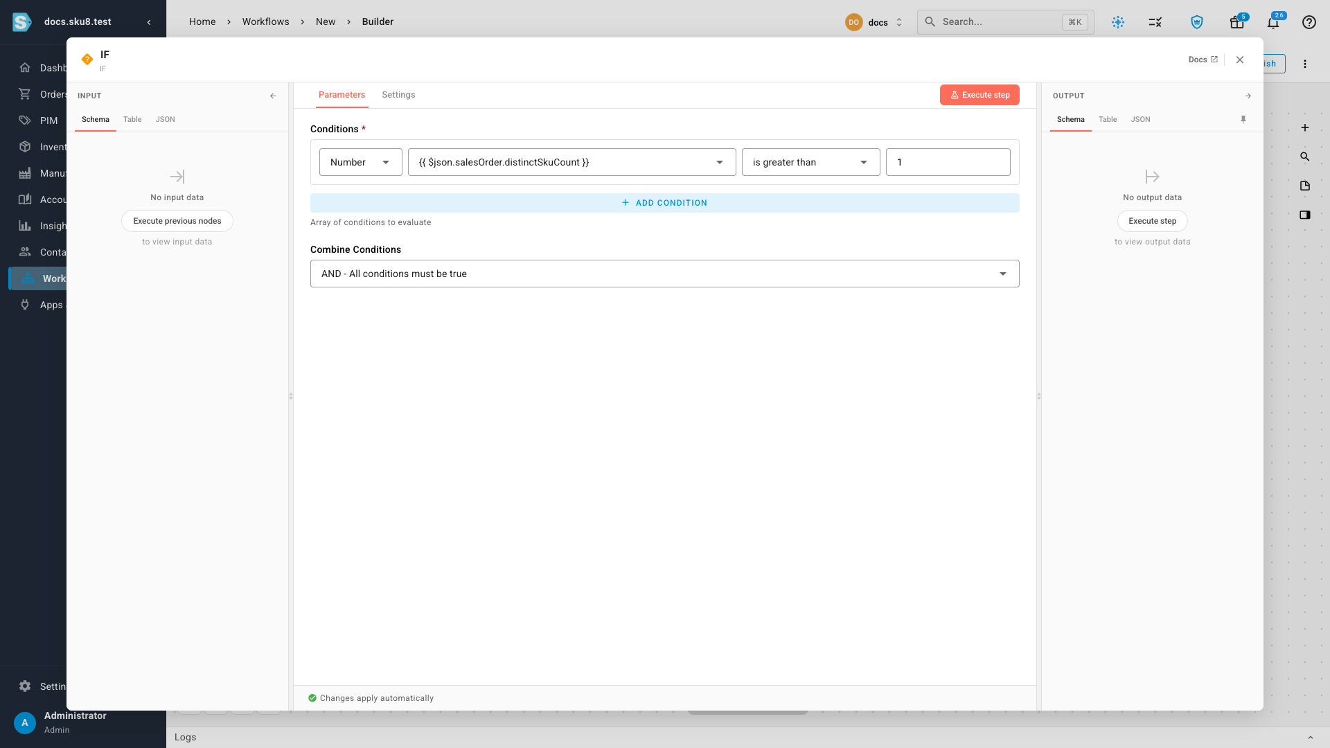 The IF node's condition set to Distinct SKU Count is greater than 1