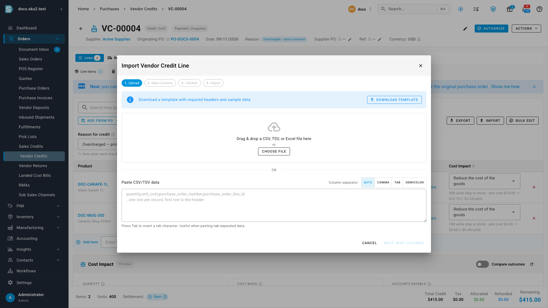 The Import dialog on a vendor credit, with the template download