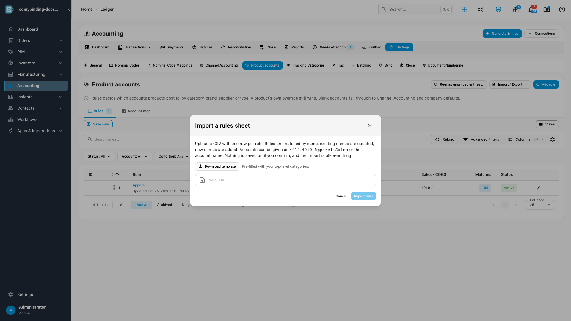 The Import a rules sheet dialog