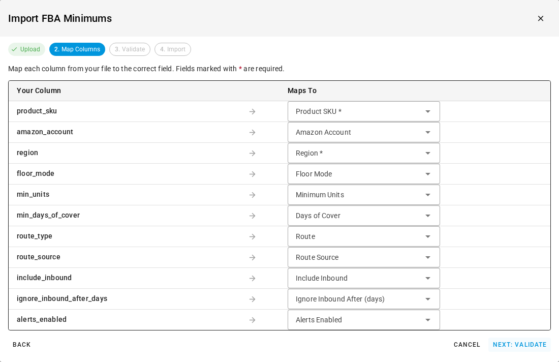 Each import column mapped to its field