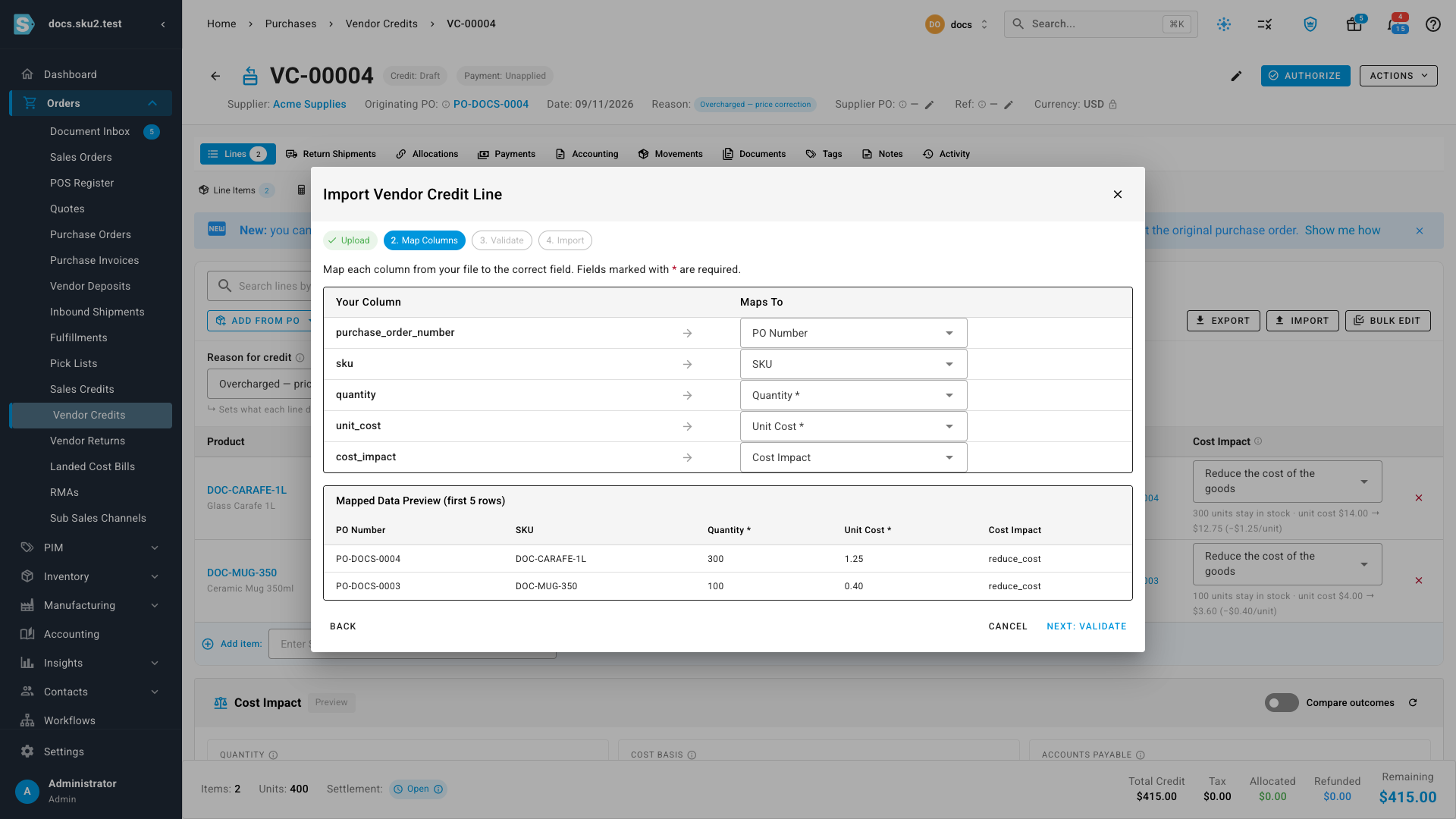 The column mapper with the vendor credit line fields