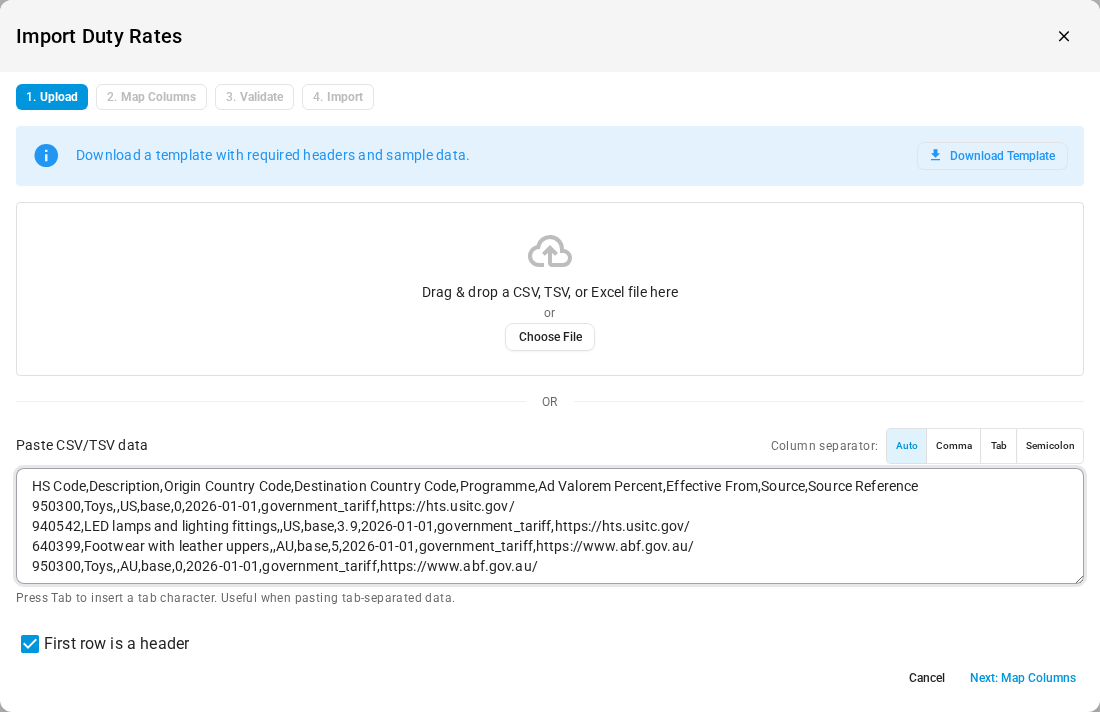 Rows pasted into the import dialog