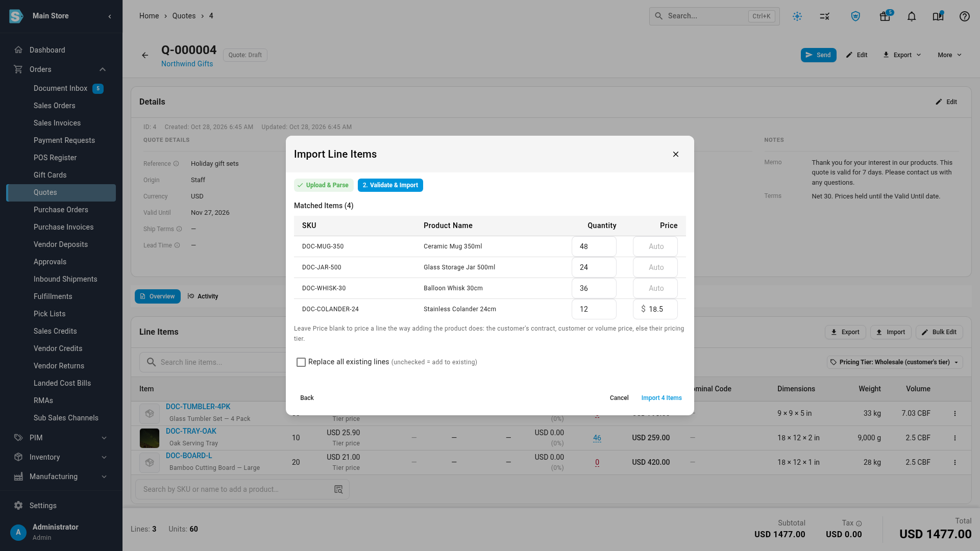 The Validate & Import step, with four Matched Items, Auto prices on the rows without a price, and the Replace all existing lines box